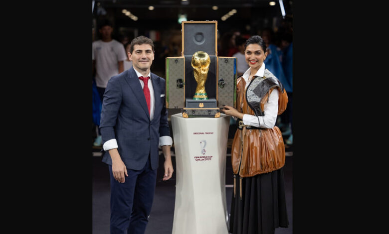 Deepika Padukone wears Louis Vuitton while presenting the FIFA World Cup Trophy in its Louis Vuitton Trunk at the FIFA World Cup Final Match